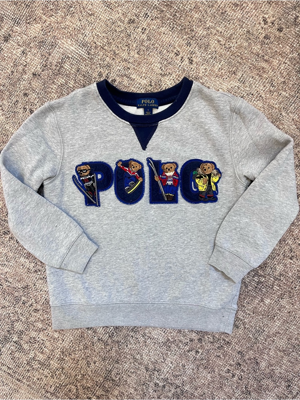 Polo Ralph Lauren Winter Sporty Light Gray Bear Logo Crew Sweatshirt Navy Trim